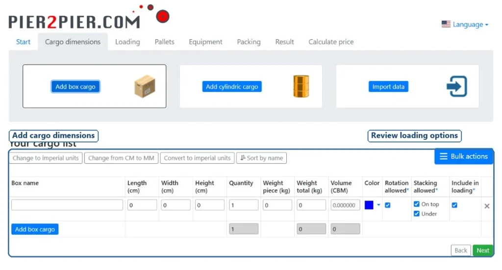 3D load calculator cargo fields used to support packing shipment and logistics tracking in a construction procurement log