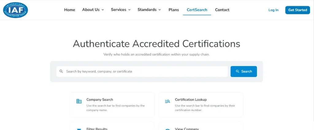 IAF CertSearch official entry used as part of certificate verification during supplier qualification