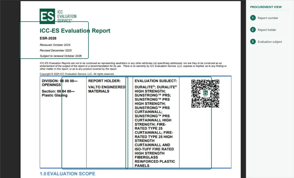 ICC-ES public evaluation report fields used for building product compliance research