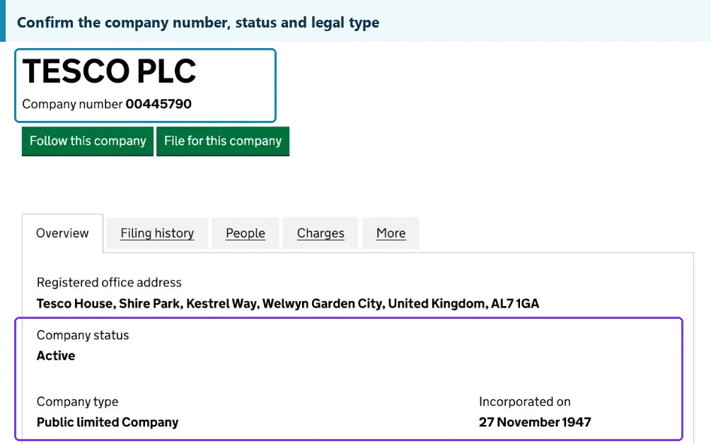 Companies House record showing company number status legal type and incorporation date for supplier verification