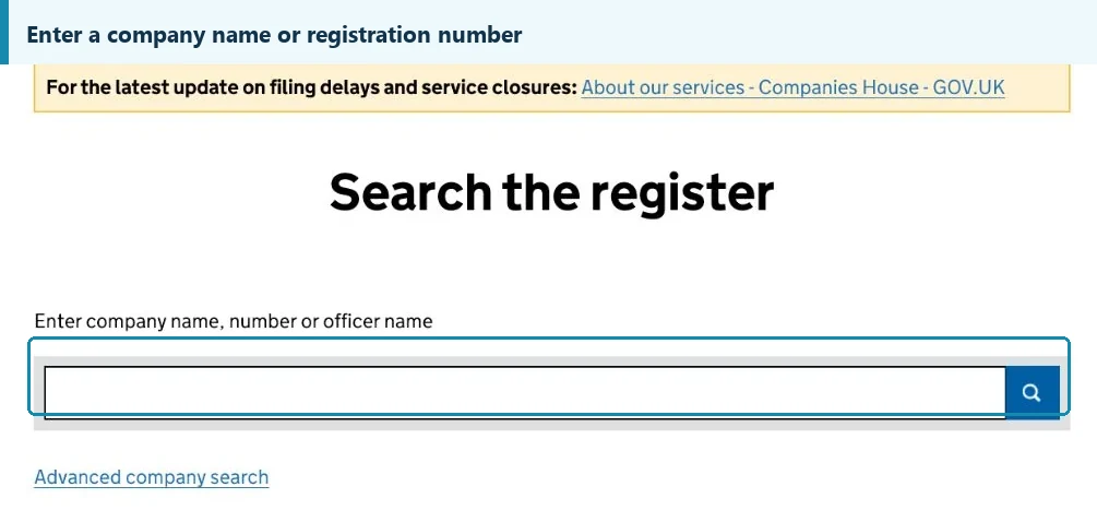 UK Companies House search form for checking a supplier company name or registration number