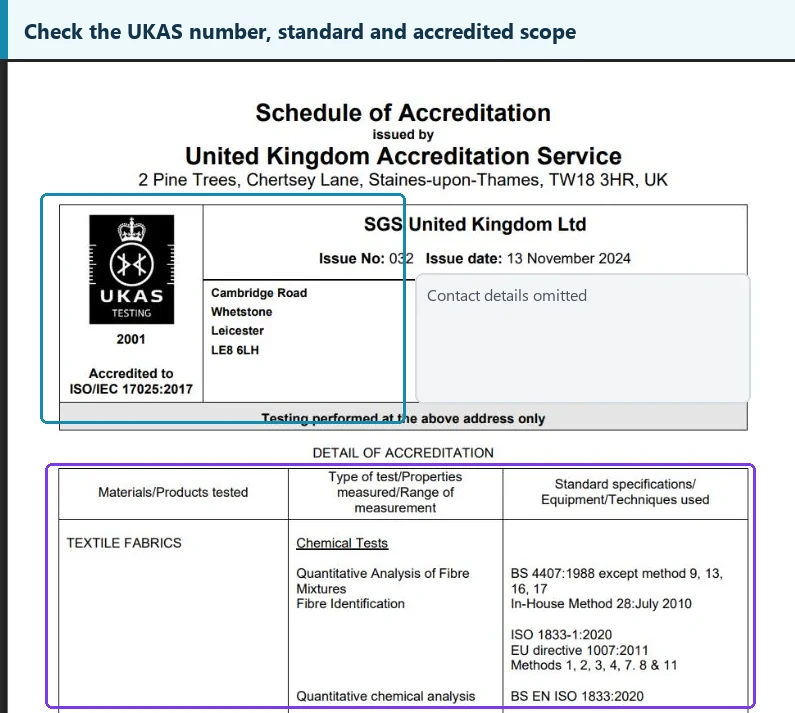 UKAS accreditation schedule showing laboratory accreditation number standard and testing scope