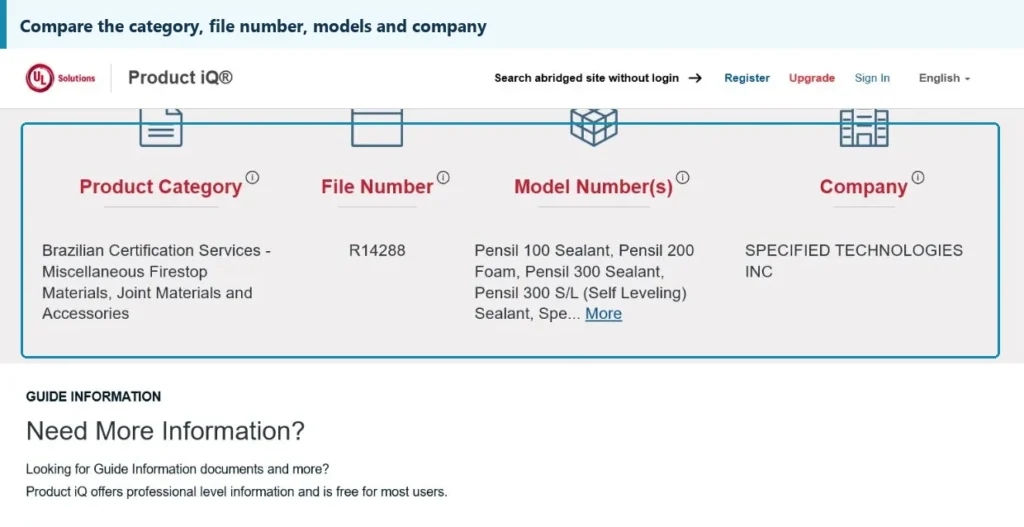 UL Product iQ certification record showing product category file number model examples and company